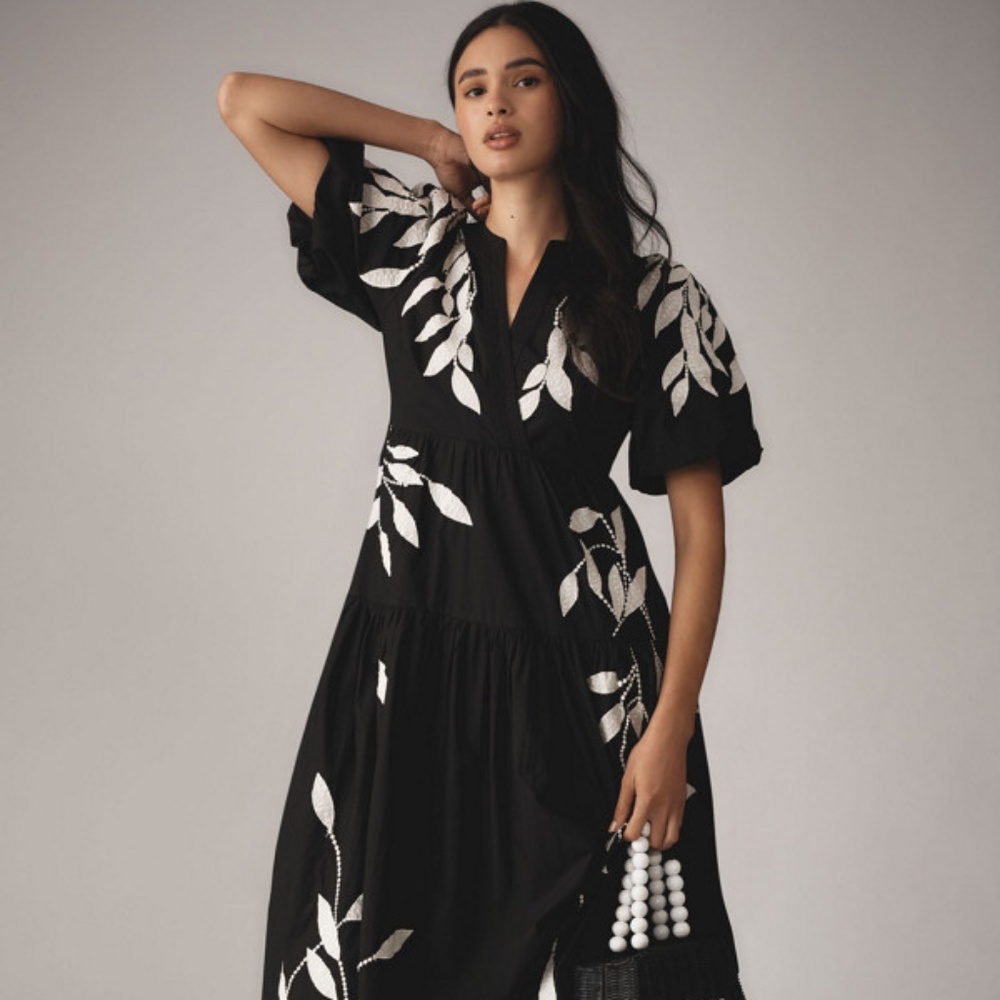 Anthropologie XS Embroidery Appliqué Maxi Dress NWOT - Black & White -